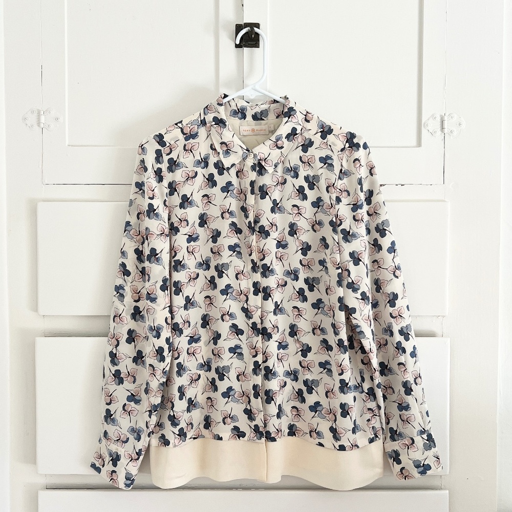 Tory Burch Floral Silk Button Down Blouse Size 8